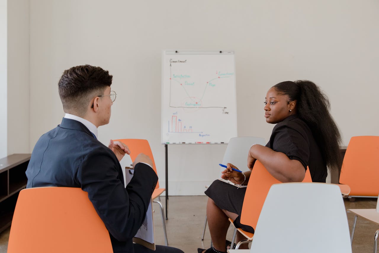 Two adults engaged in a professional discussion in an office setting with a graph on a whiteboard.